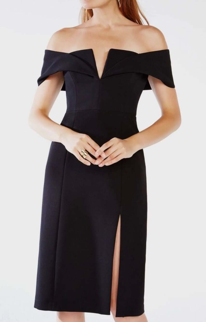 $350 MSRP| BCBGMaxAzria Marquis Off-The-Shoulder Black Midi Dress